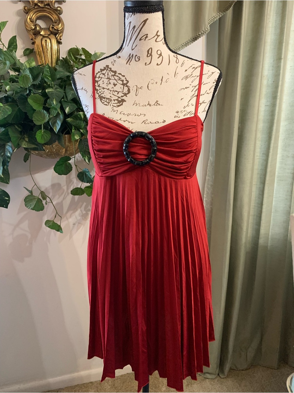 Takara Red Pleated Spaghetti-Strap Mini Dress with Ring Detail